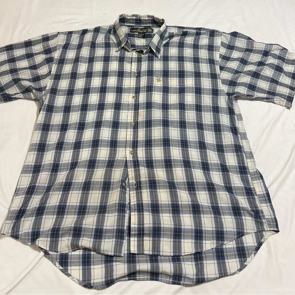 Men's Blue and White Plaid Button-Down Shirt